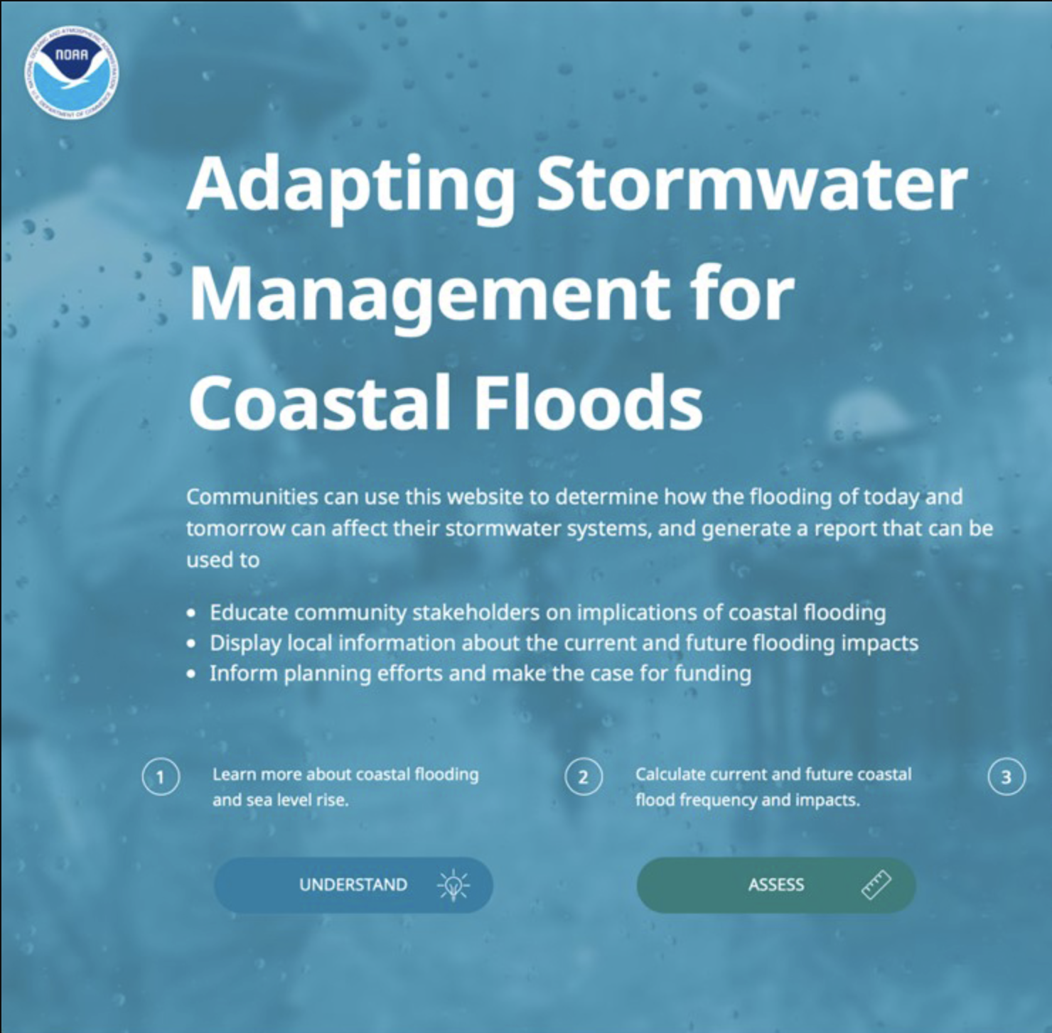 Adapting Stormwater Management for Coastal Floods Overview Screenshot of Adapting Stormwater Management for Coastal Floods tool homepage.