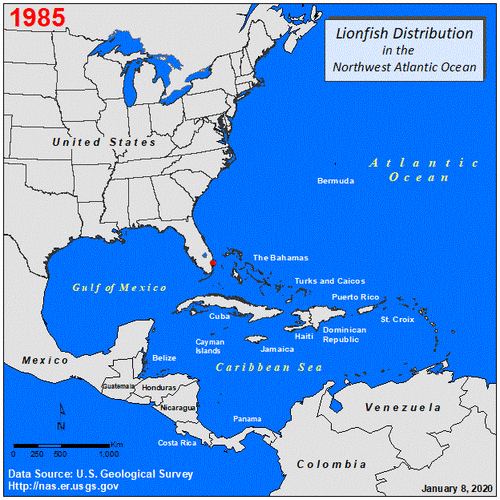 Reported Lionfish sighting locations, 1985-2020